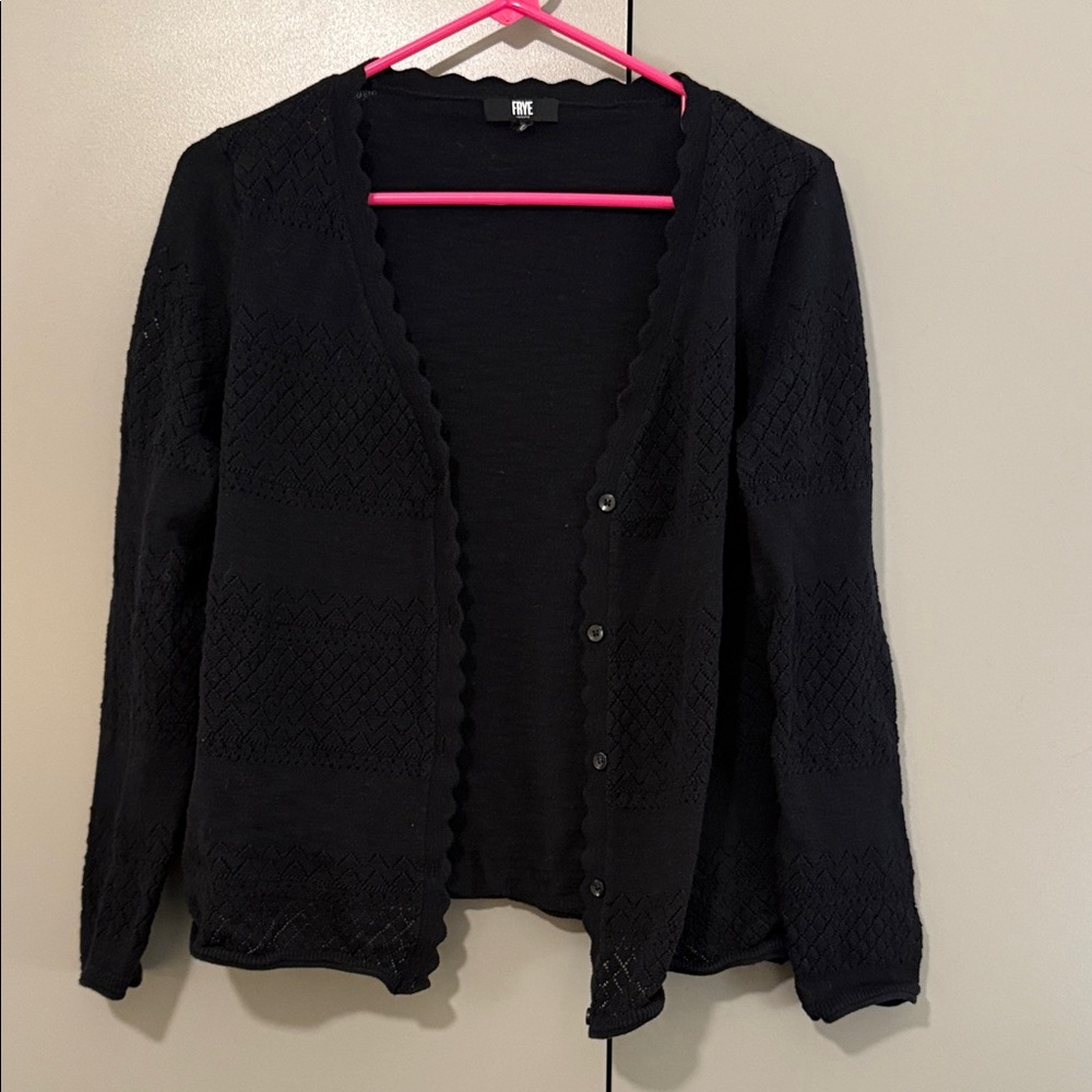 Frye Women's Cardigan Sweater Sz M Black Long Sleeve Button Down Knit Old Money - Picture 2 of 5